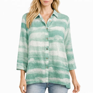 iLinen 100% European Linen Shirt Green White Striped Tunic Pockets Artsy Size L